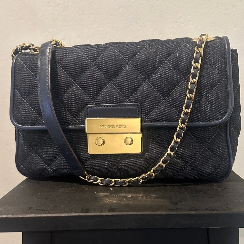 Michael Kors Quilted Denim Shoulder Bag with Gold Accents. - Picture 1 of 5